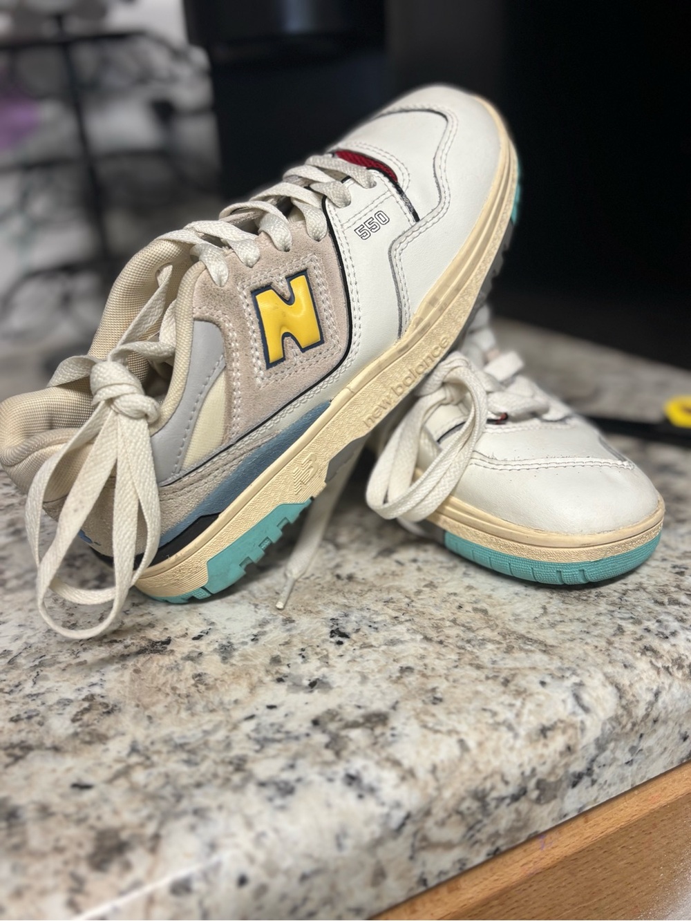 550 New Balance Kids Sneakers White with Yellow and Teal Accents